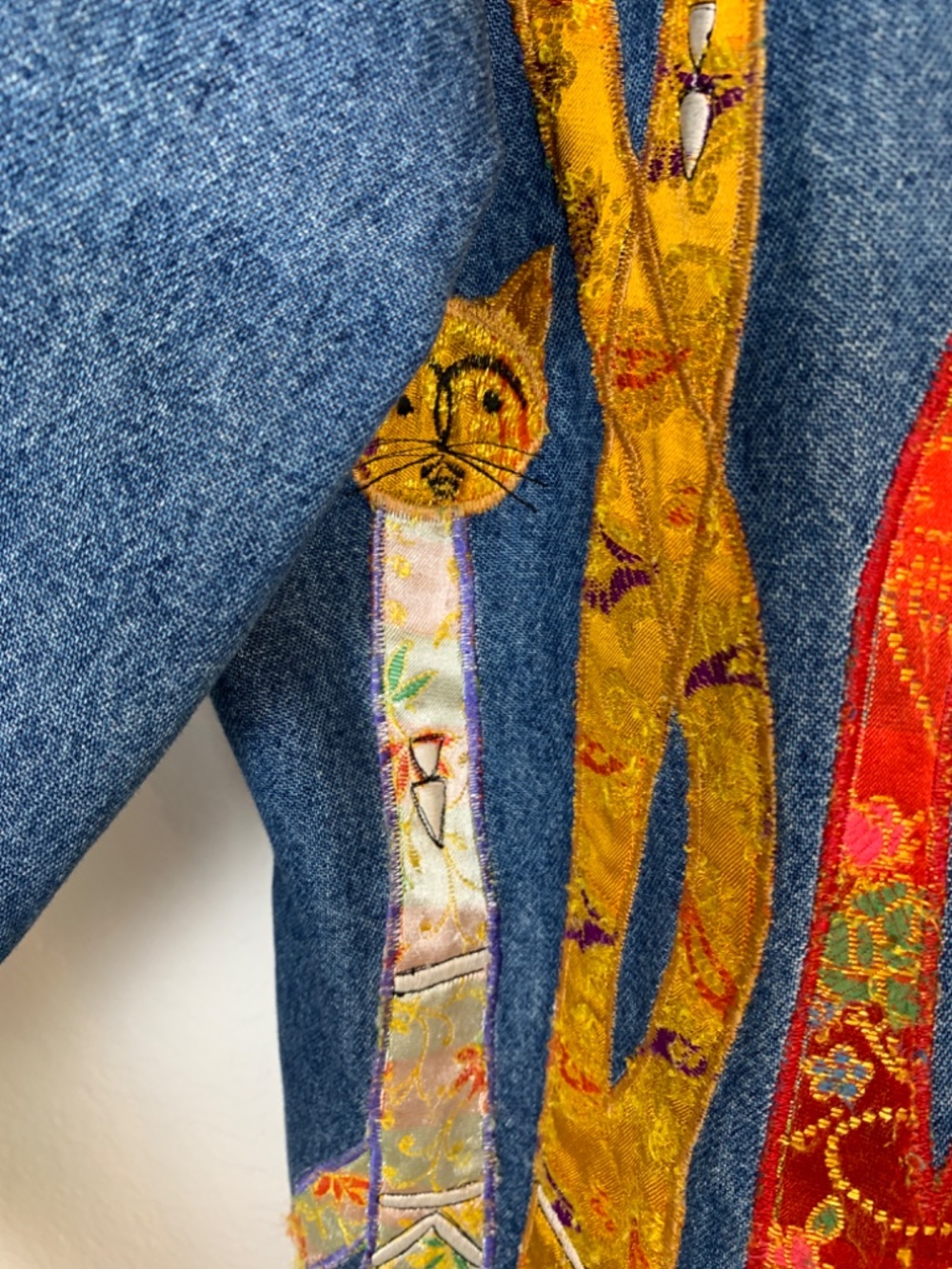 Tantrums Denim Jacket Women's Large Appliqué Cats Asian Flair Whimsical Artsy - Picture 9 of 16
